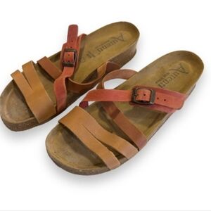 Autenti Two-Tone Genuine Leather Buckle Slide Sandals in Brown & Rust Size 41